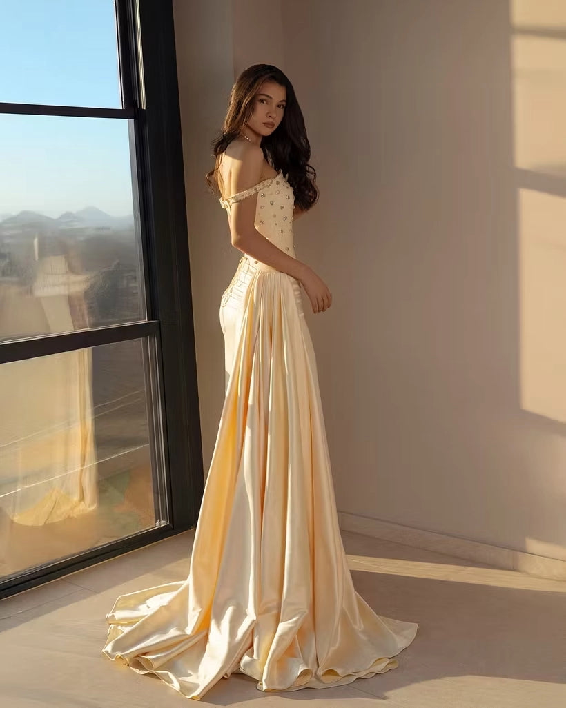 Champagne Satin Sheath/column Off-the-Shoulder Lace-up Floor-Length Dress Back View - Jimiss
