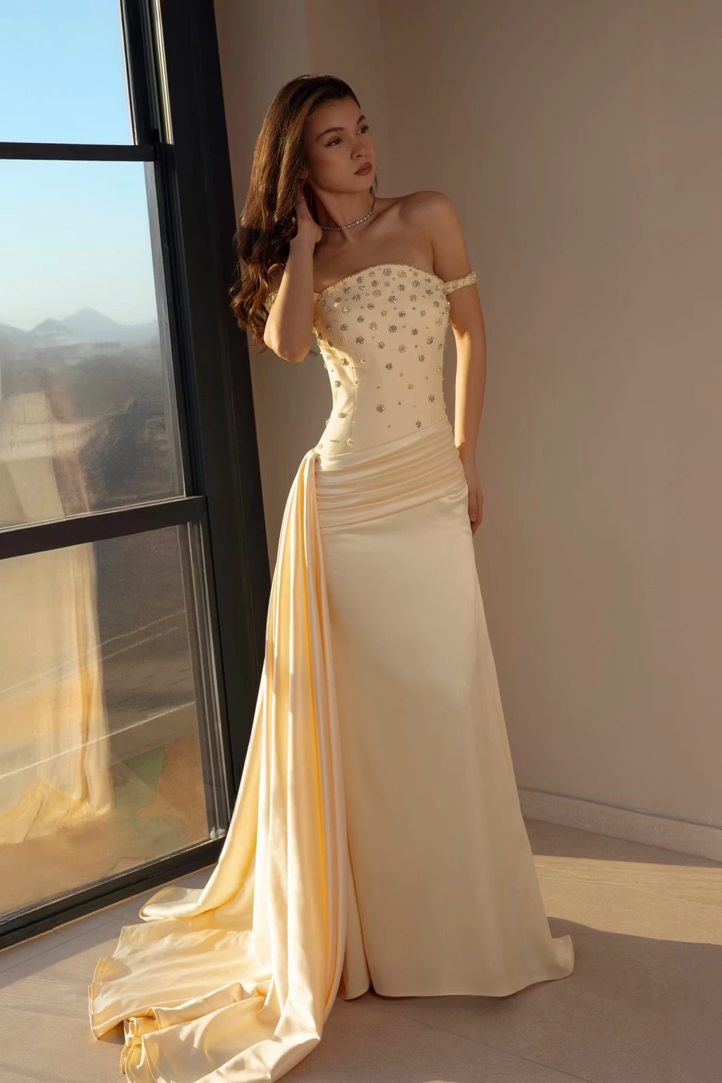 Champagne Satin Sheath/column Off-the-Shoulder Lace-up Floor-Length Dress Front View - Jimiss