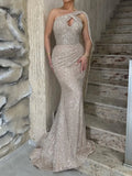 Champagne Sequin Mermaid One Shoulder Back Zip Floor-Length Dress - Jimiss