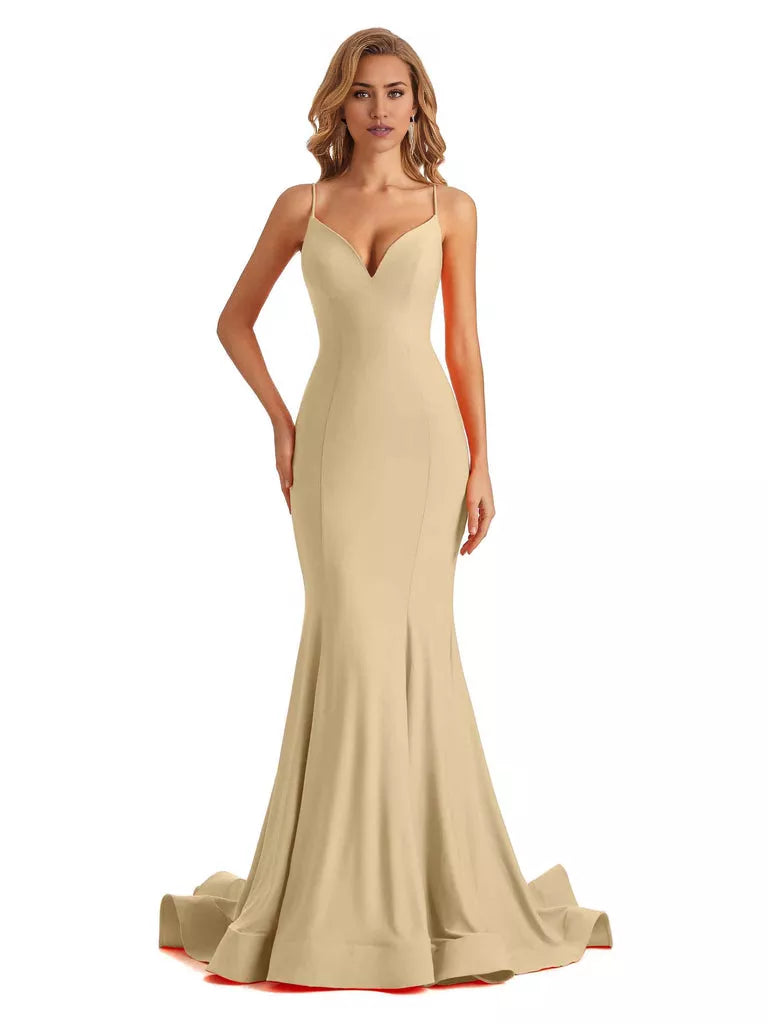 Vestido de dama de honor largo, formal, sin mangas, con escote en V y tirantes finos, de sirena, sexy