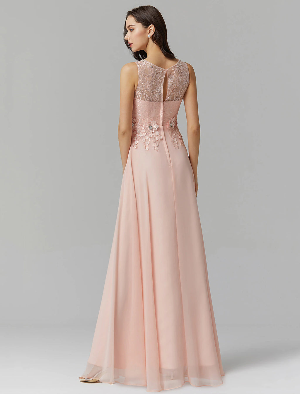 Blushing Pink Chiffon A-Line Floor-Length Dress with Lace bodice + Floral appliques and Scoop Neck | Jimiss