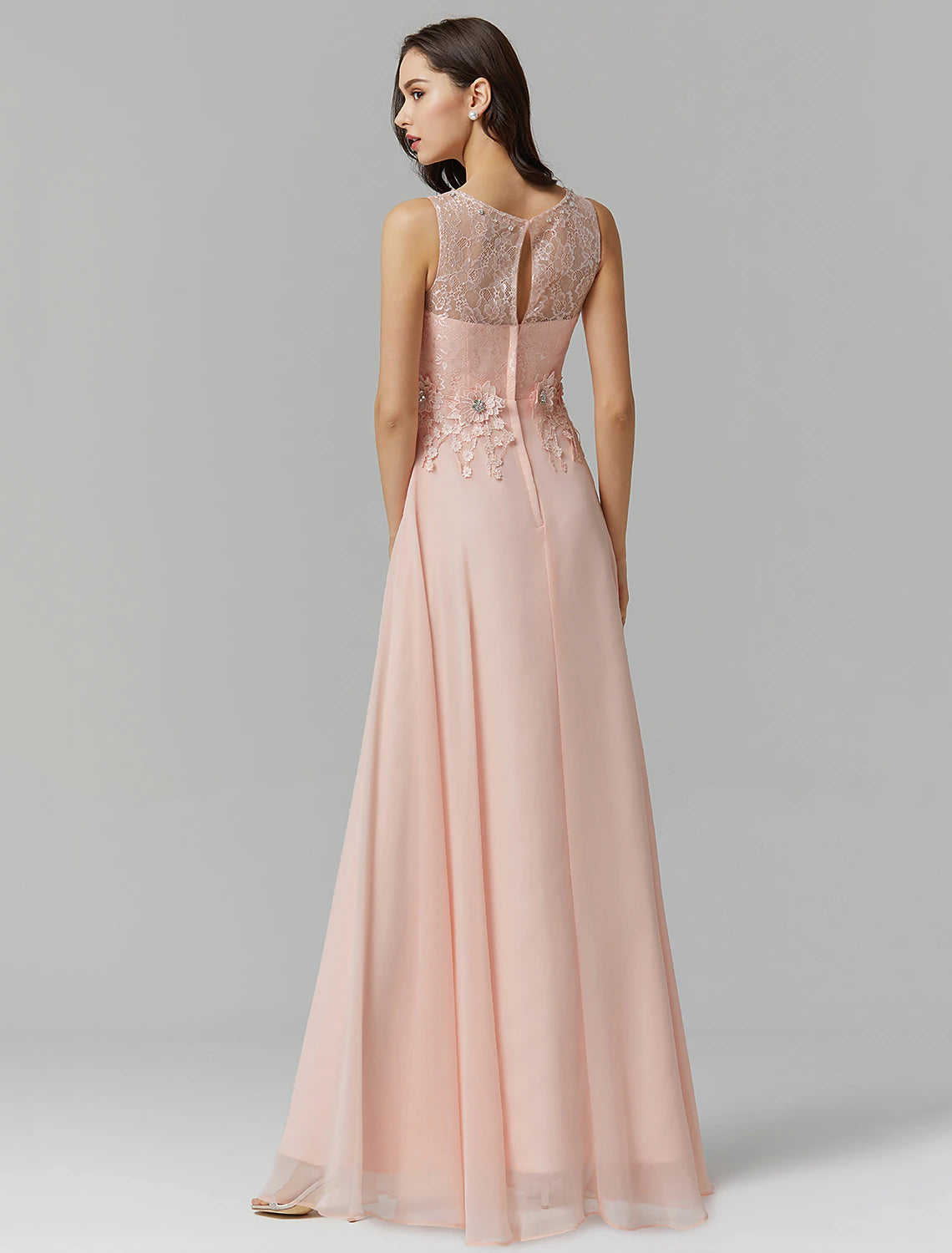 Blushing Pink Chiffon A-Line Floor-Length Dress with Lace bodice + Floral appliques and Scoop Neck | Jimiss