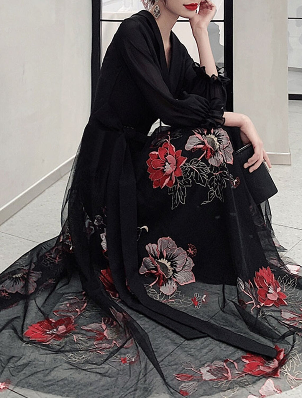 Black Chiffon A-Line Long Evening Dress with Floral Embroidery & V-Neck Wrap Bodice