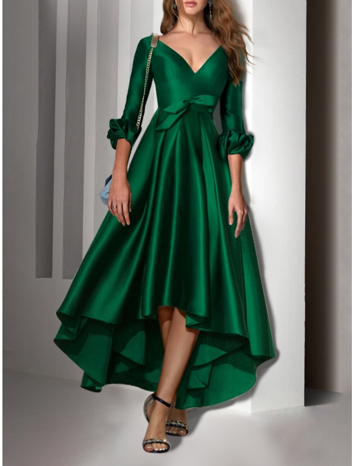 A-Line Cocktail Dresses Party Dress Wedding Guest Birthday Asymmetrical 3/4 Length Sleeve V Neck Satin with Bow(s) Pleats 2025
