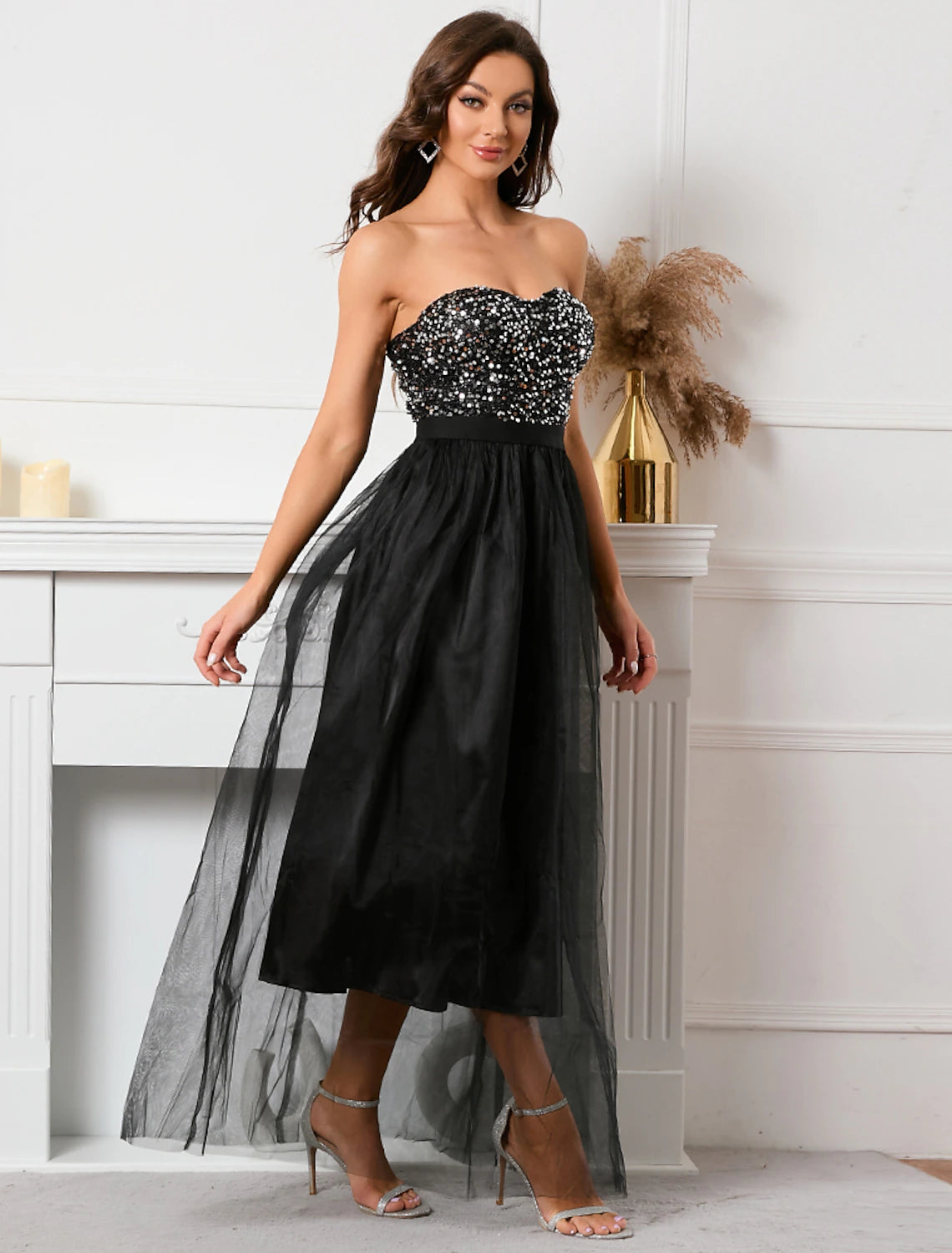 Black Sequin Sweetheart A-Line Ankle-Length Evening Dress with Tulle Skirt