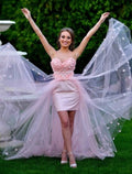 Abiti da ballo a tubino / colonna, abiti da ballo a sirena, da sposa, da festa, senza maniche, con strascico a ruota, in tulle con applicazioni ricamate