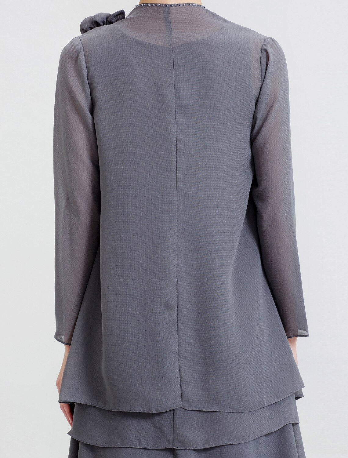 Abito da madre della sposa a trapezio, formale, floreale, convertibile, scollo a barchetta, lunghezza pavimento, in chiffon, manica lunga, avvolgente, con perline e fiori a strati