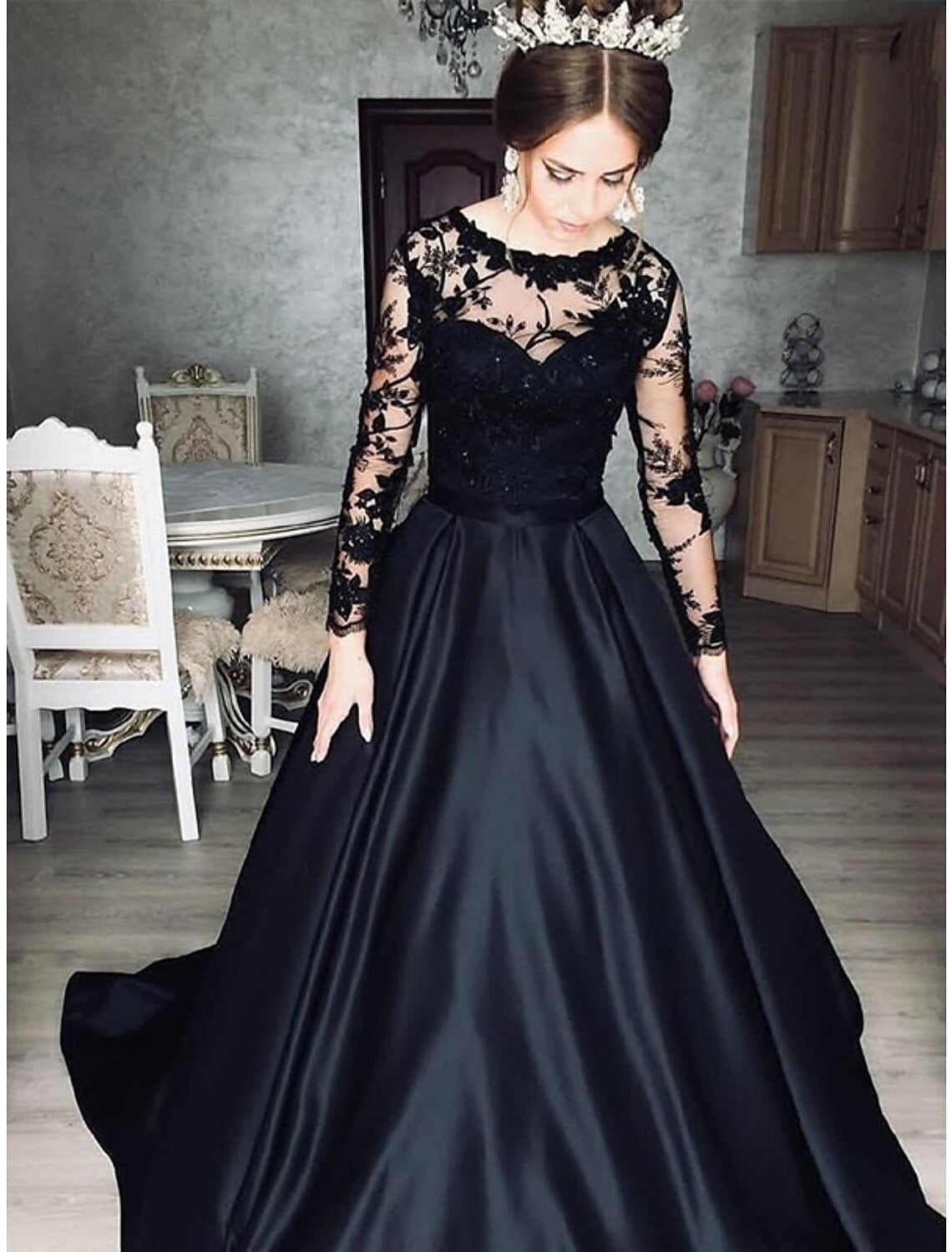 Vestido de noche, vestido de princesa, fiesta de graduación, boda, largo hasta el suelo, manga larga, cuello joya, miércoles, familia Addams, satén con apliques