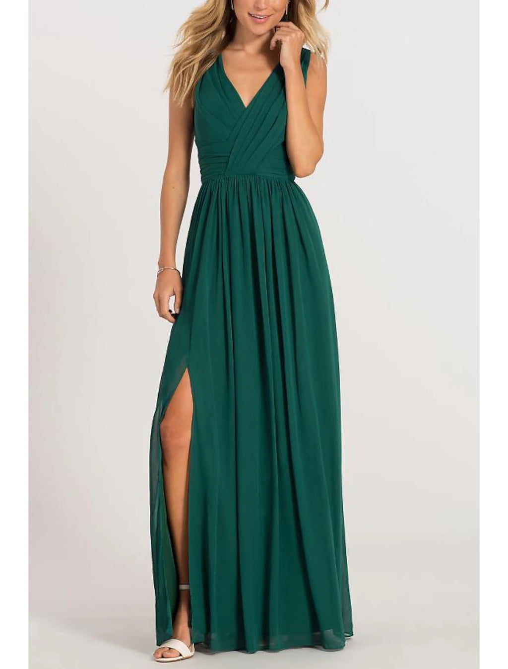 Vestido de noche formal elegante de corte A, escote en V, espalda en V, sin mangas, largo hasta el suelo, de gasa con pliegues y abertura frontal