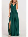 Vestido de noche formal elegante de corte A, escote en V, espalda en V, sin mangas, largo hasta el suelo, de gasa con pliegues y abertura frontal