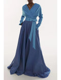 Vestido de noche elegante de corte A, vestido formal de otoño, cola larga, manga larga, escote en V, tela con pliegues y fruncido.