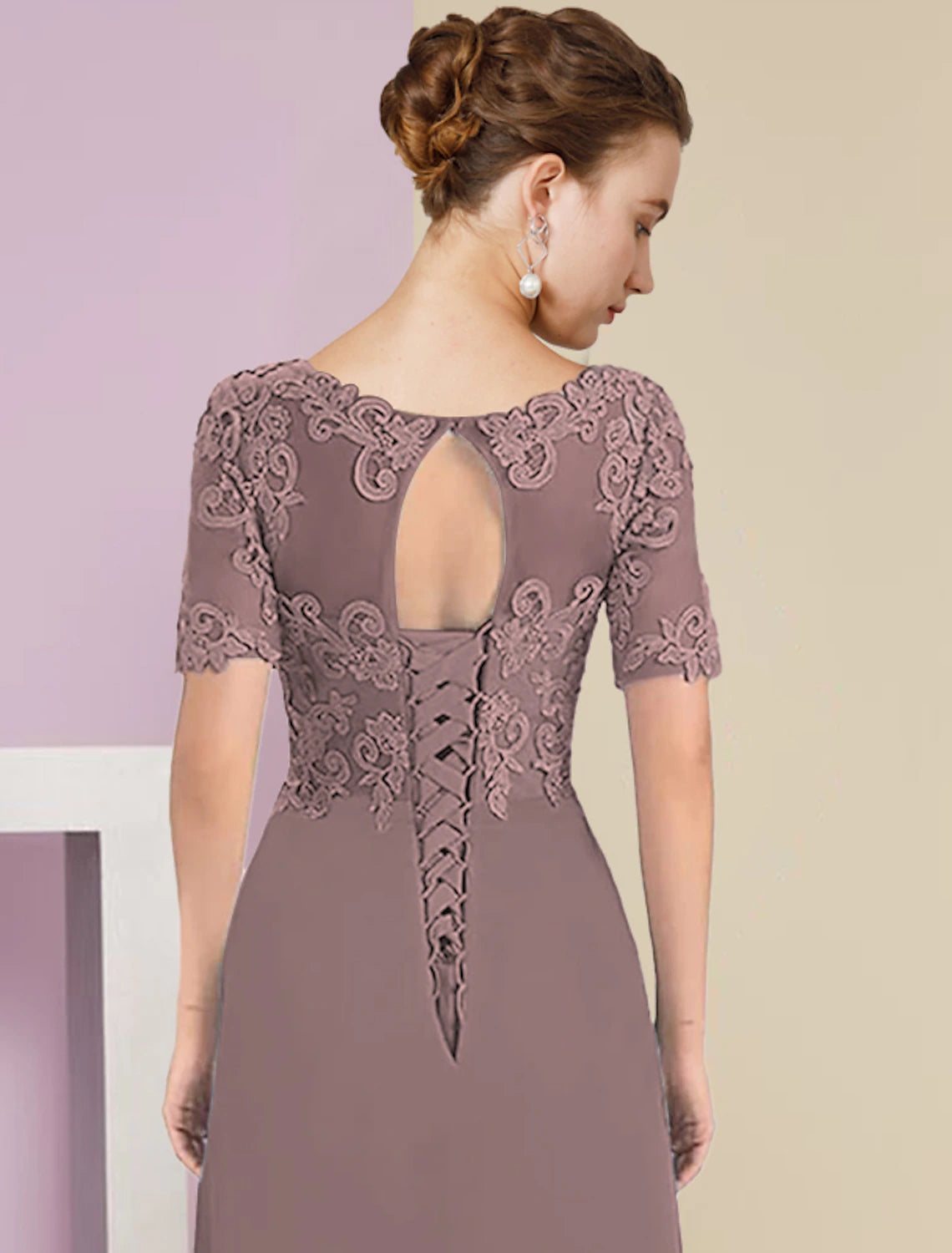 Vestido de dos piezas de corte A para madre de la novia, para invitada de boda formal de otoño, elegante, con escote en V alto y bajo, asimétrico, largo hasta la rodilla, de gasa, con encaje, manga corta, mangas 3/4, cruzado incluido con apliques