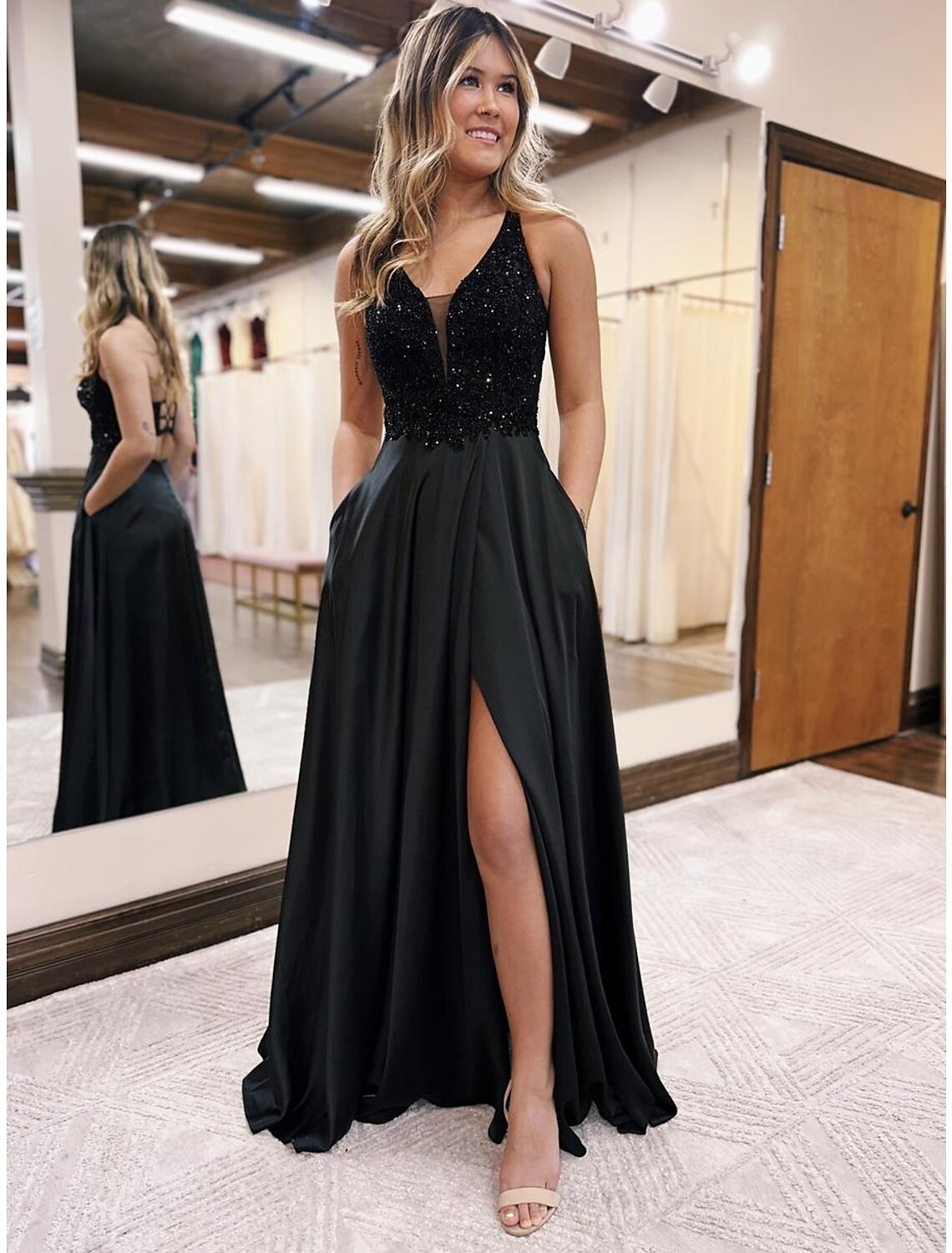 Black Satin A-Line Floor-Length Evening Dress with Sequin Bodice and High Slit