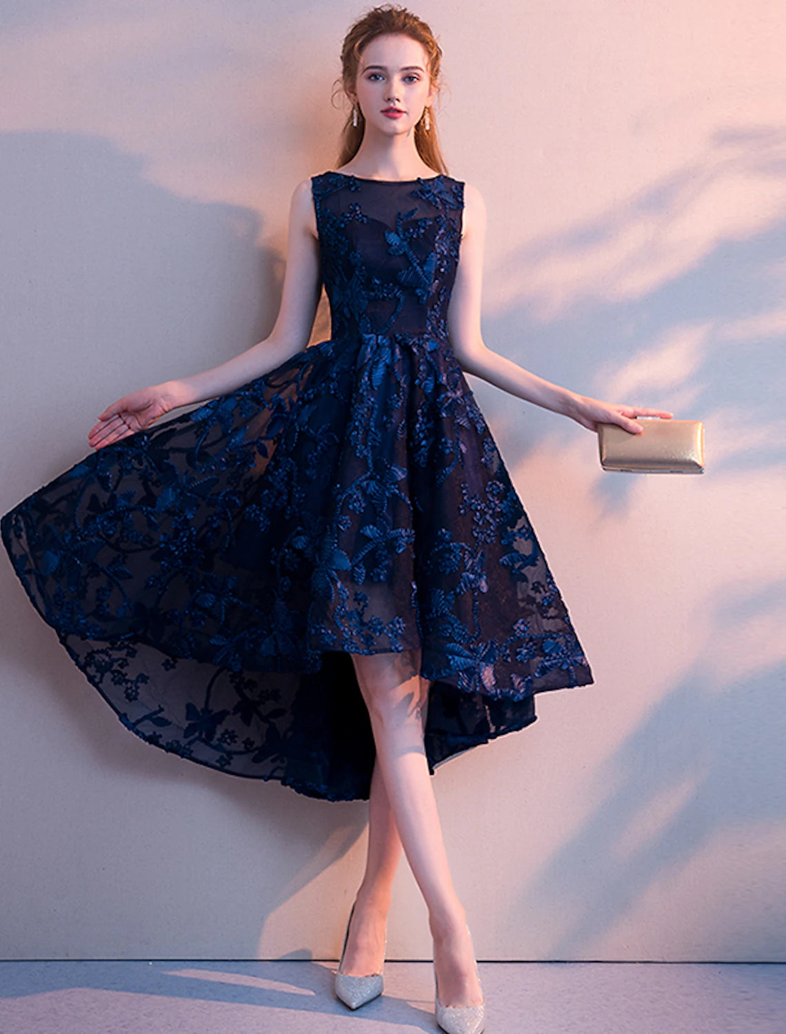 Dark Navy Mesh A-Line High-Low Dress with Intricate Floral Embroidery