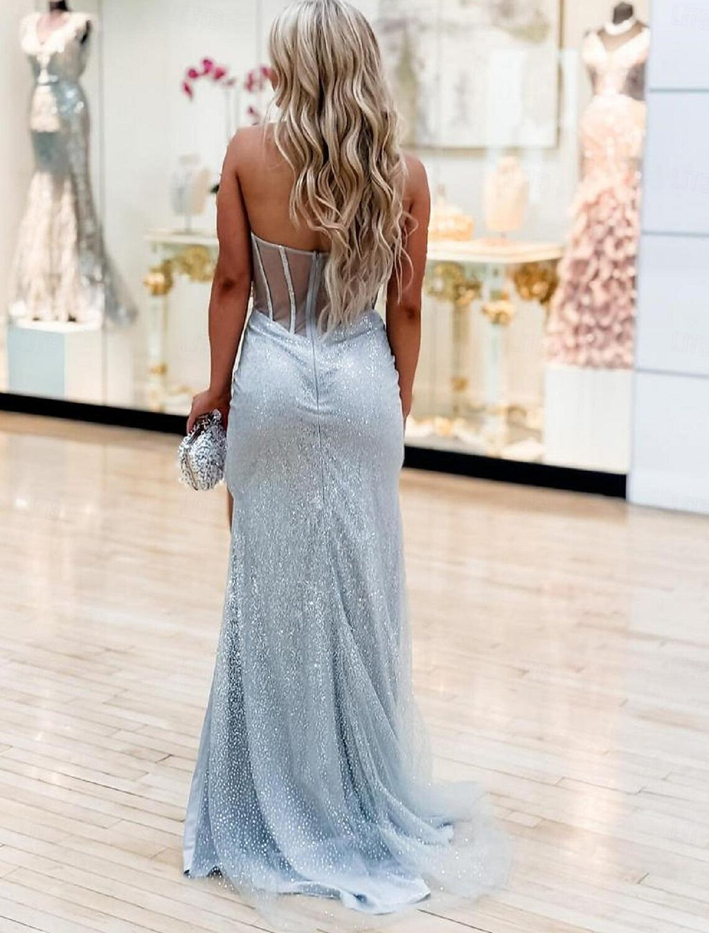 Vestidos de fiesta de sirena/trompeta, vestido brillante, boda, compromiso, largo/sin tirantes, lentejuelas con abertura brillante