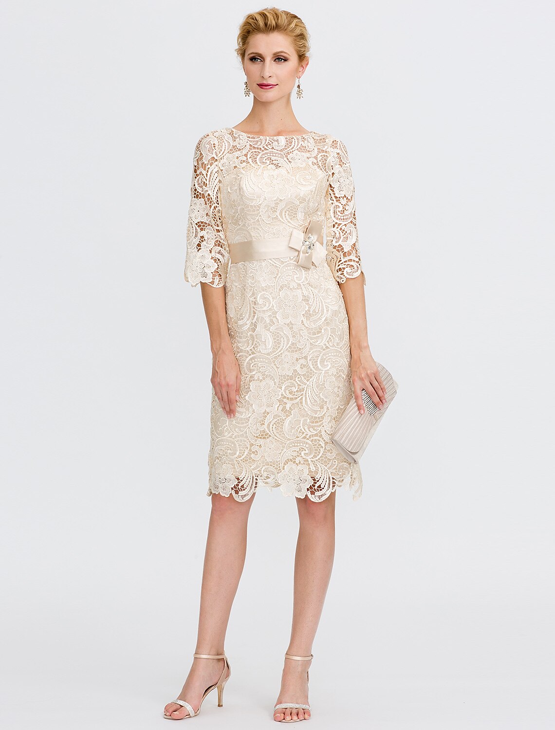 Vestido de madre de la novia con corte tubo/columna, formal, para invitada de boda, talla grande, elegante, cuello ilusión, largo hasta la rodilla, encaje completo, manga 3/4 con lazo(s).