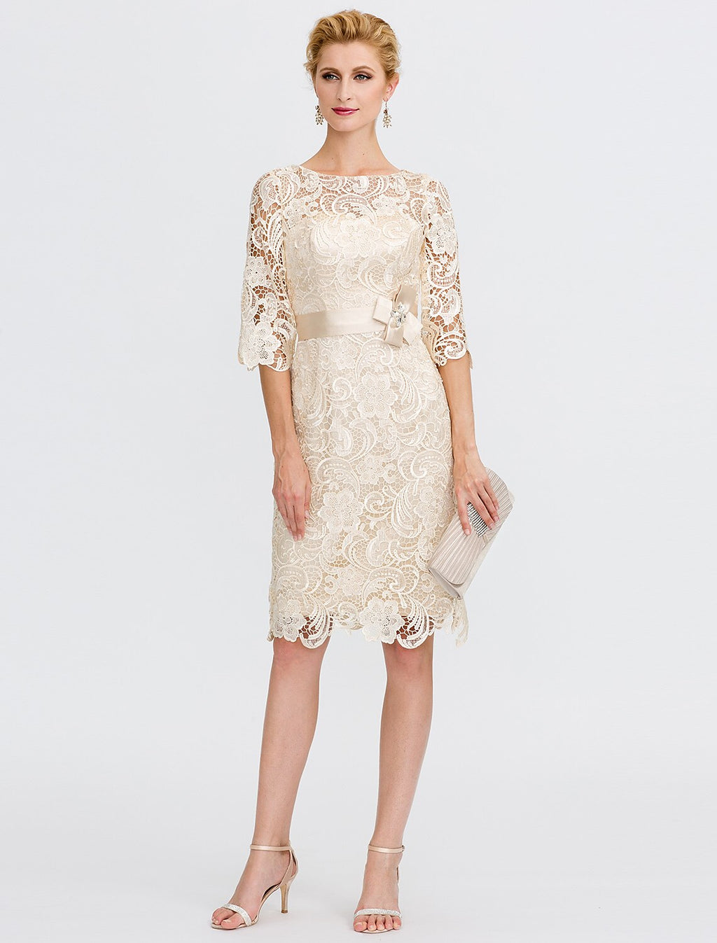 Champagne Lace Mother Of The Bride Knee-Length Dress | Boat Neck Sheath