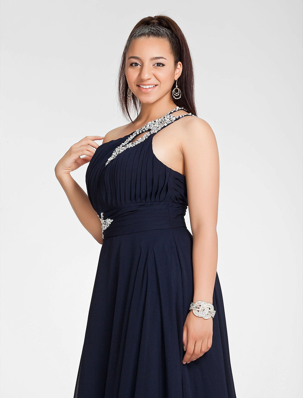 Dark Navy One Shoulder A-Line Chiffon Floor-Length Evening Dress