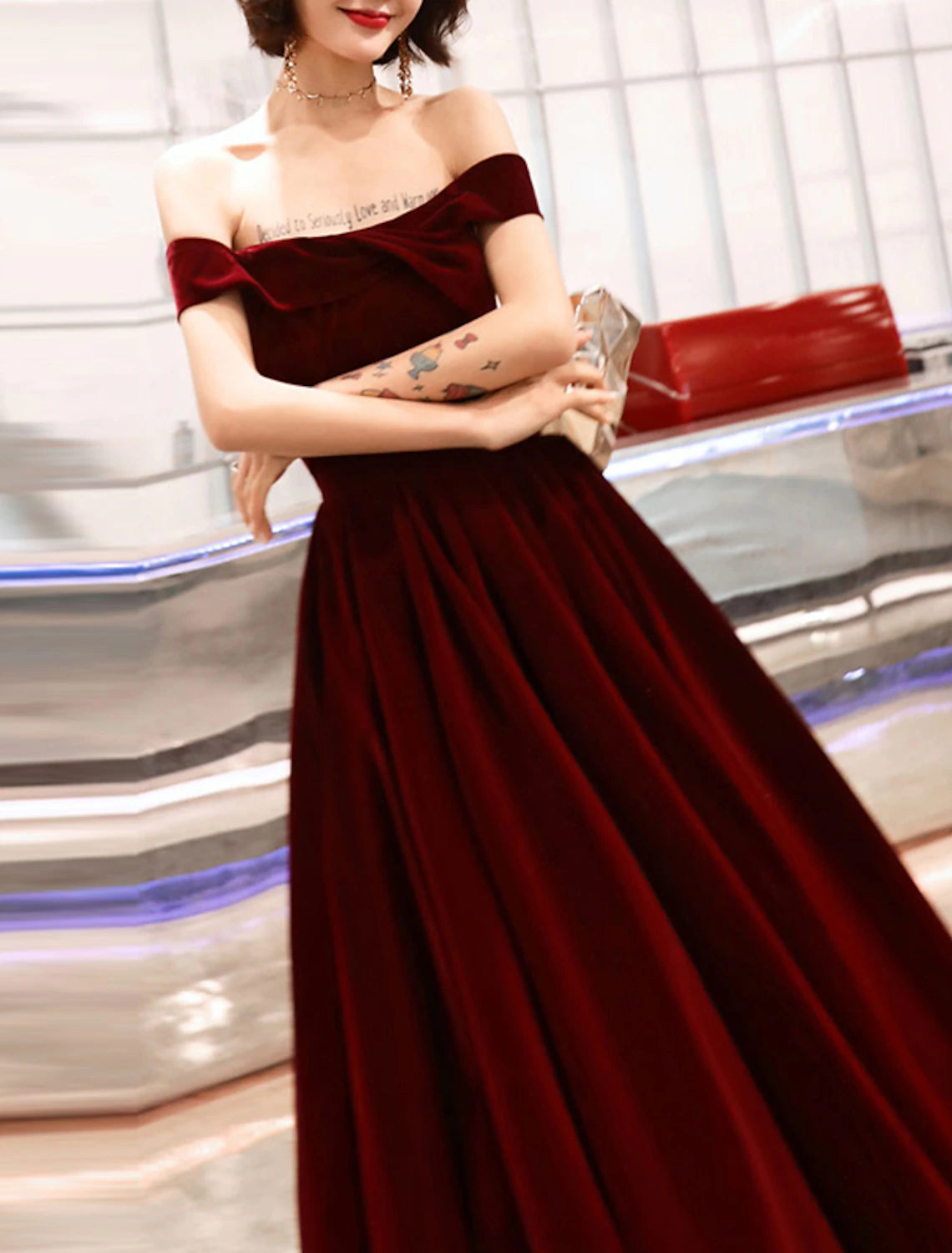 Abito da sera a trapezio, elegante, da invitato a nozze, da sera formale, lunghezza alla caviglia, manica corta, spalle scoperte, in velluto, elegante 2025