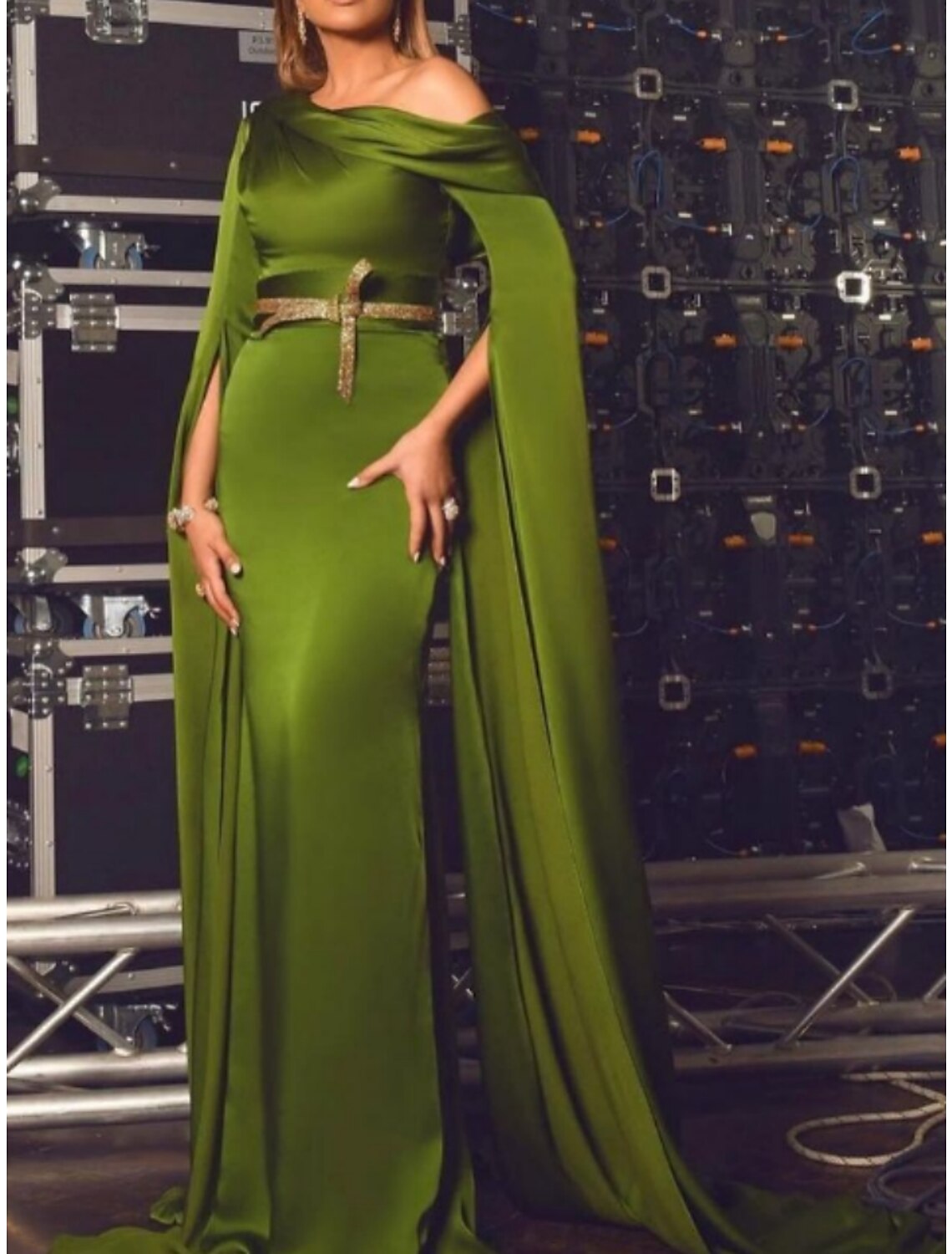 Abito da sera a trapezio, elegante, formale, con strascico, manica lunga, spalle scoperte, in raso con pieghe, arricciato, paillettes