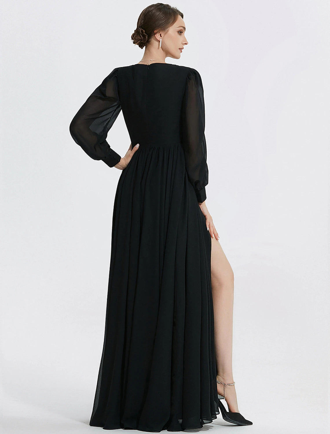 Vestido de noche elegante de corte A, vestido formal hasta el suelo, manga larga, cuello en V, gasa con abertura