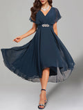 Dark Navy Chiffon Asymmetrical A-Line V-Neck Dress with Flutter Sleeves