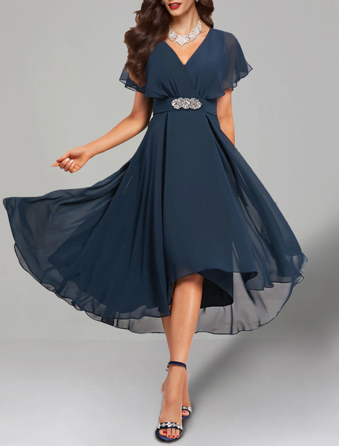 Dark Navy Chiffon Asymmetrical A-Line V-Neck Dress with Flutter Sleeves