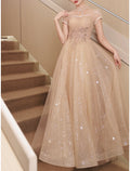 Vestido de noche corte A, brillante, de fiesta, de compromiso, largo hasta el suelo, manga corta, cuello alto, satén, con botones y perlas fruncidas.