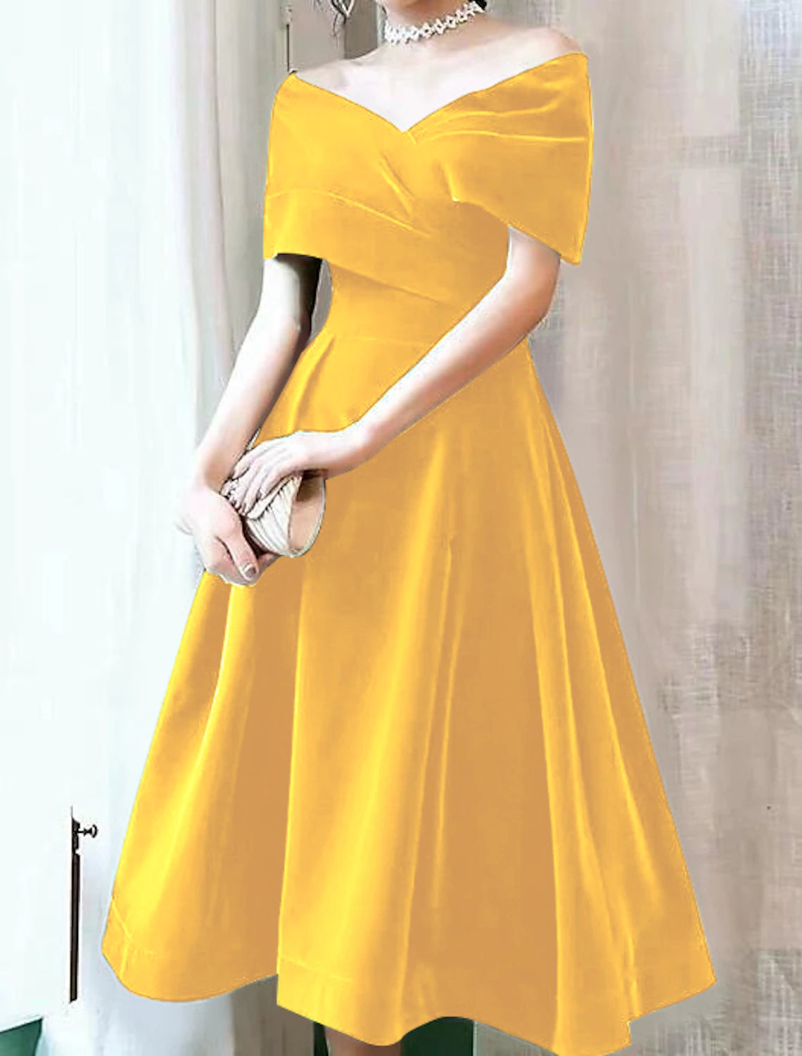 Abiti da cocktail a trapezio, eleganti, per invitati a nozze, lunghezza al ginocchio, maniche corte, spalle scoperte, in velluto con pieghe, colore puro