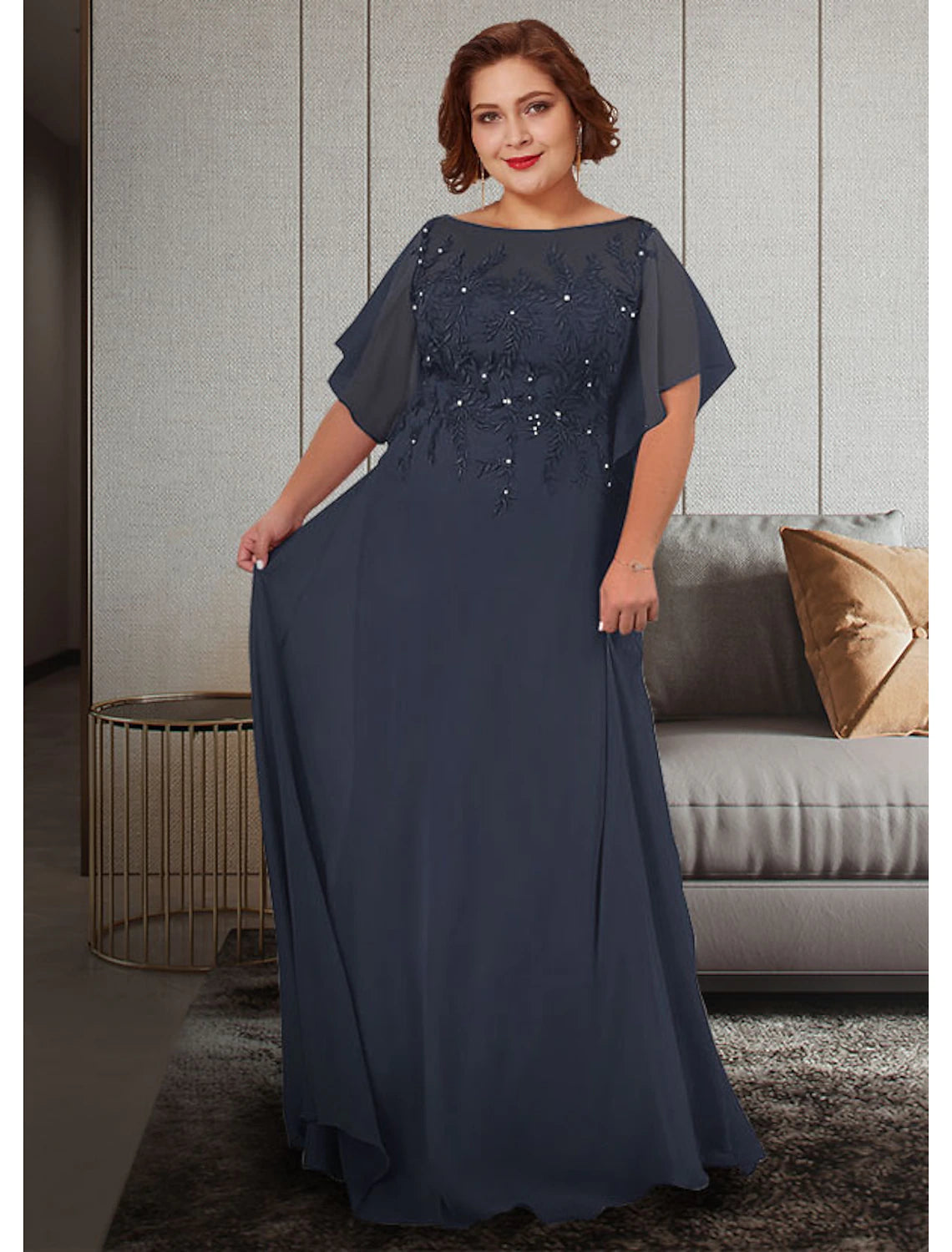 Dark Navy Chiffon A-Line Floor-Length Dress with Embroidered Bodice and Flutter Sleeves