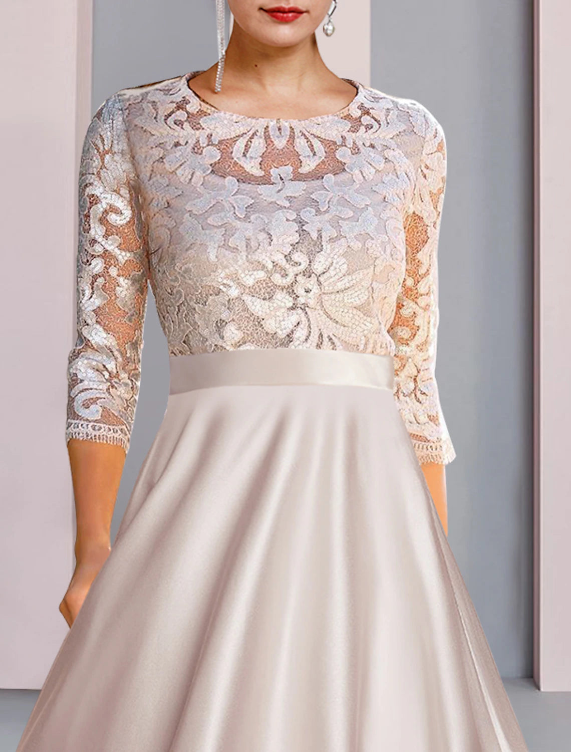 Abito da cerimonia per la madre della sposa, a trapezio, elegante, con scollo a barchetta, lunghezza tè, in raso e pizzo, maniche a 3/4 con applicazioni