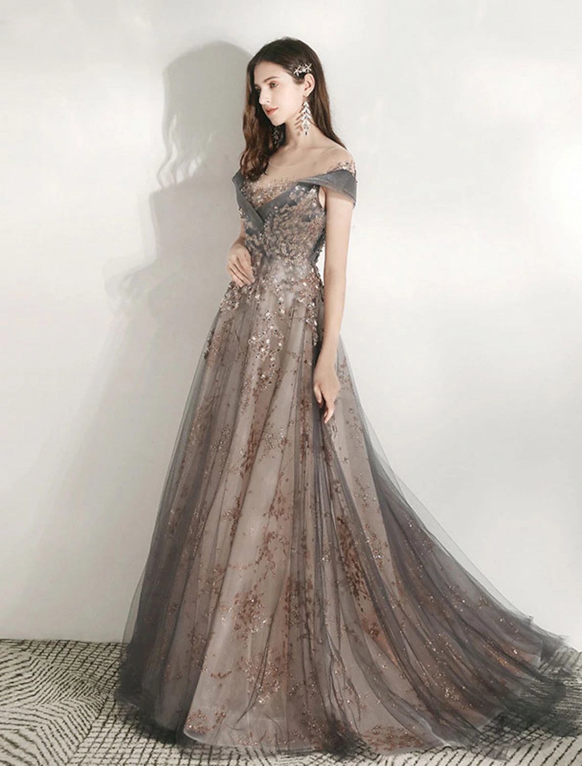 Grey Tulle A-Line Off-the-Shoulder Floor-Length Evening Dress with Glitter Embellishment
