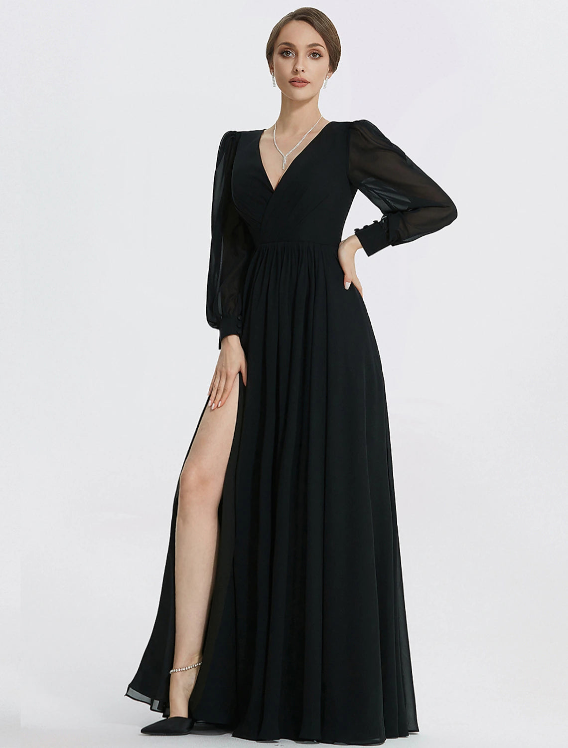 Vestido de noche elegante de corte A, vestido formal hasta el suelo, manga larga, cuello en V, gasa con abertura