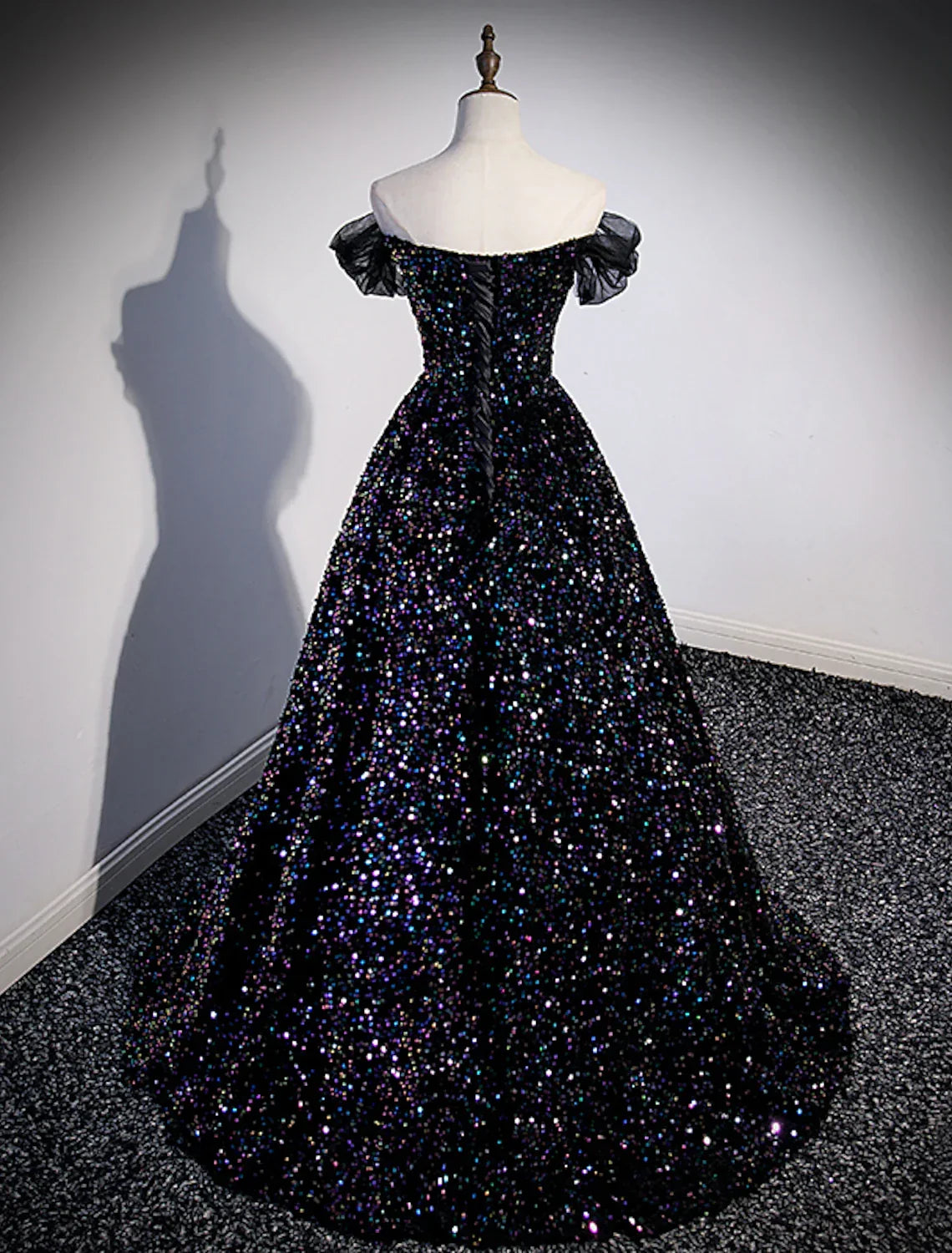 Glamorous Black Sequin Off-the-Shoulder A-Line Floor-Length Evening Dress