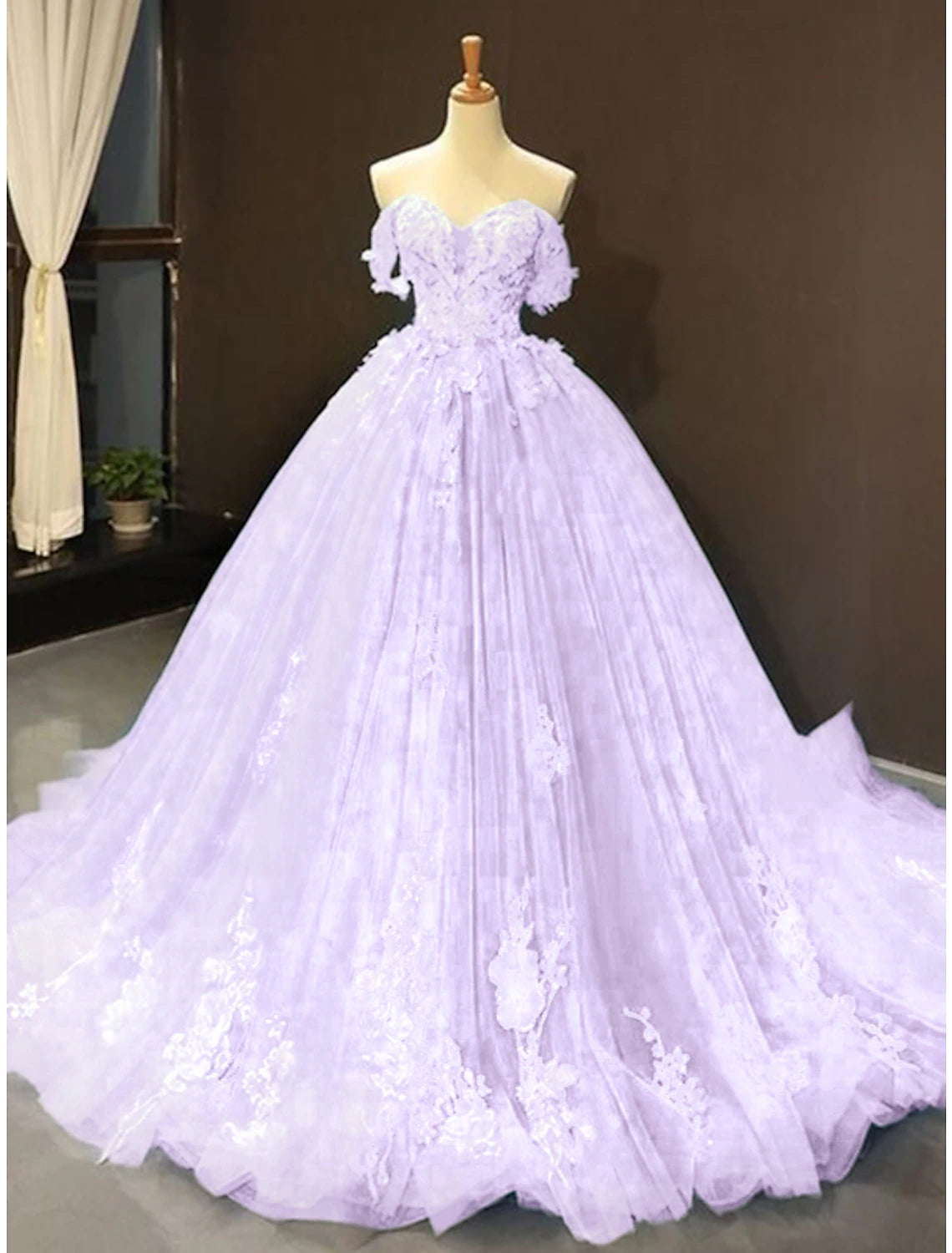 Sky Blue Off-the-Shoulder Sweetheart Tulle Ball Gown Floor-Length Dress with Lace Appliques