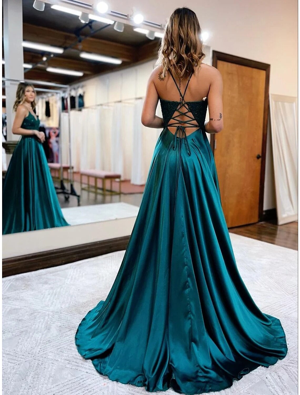 Emerald Satin V-Neck A-Line Floor-Length Gown with Lace Bodice