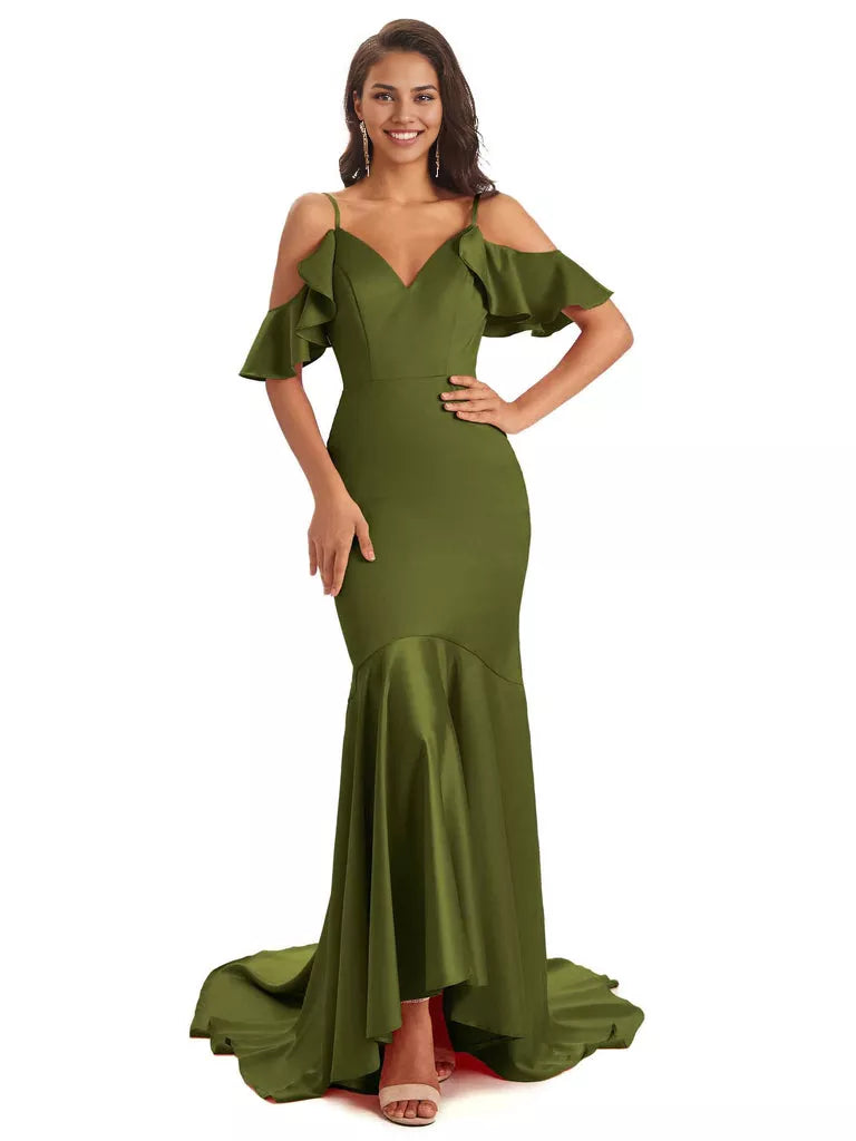 Soft Satin Asymmetric Spaghetti Straps Sleeveless Mermaid Cold Shoulder Bridesmaid Dresses