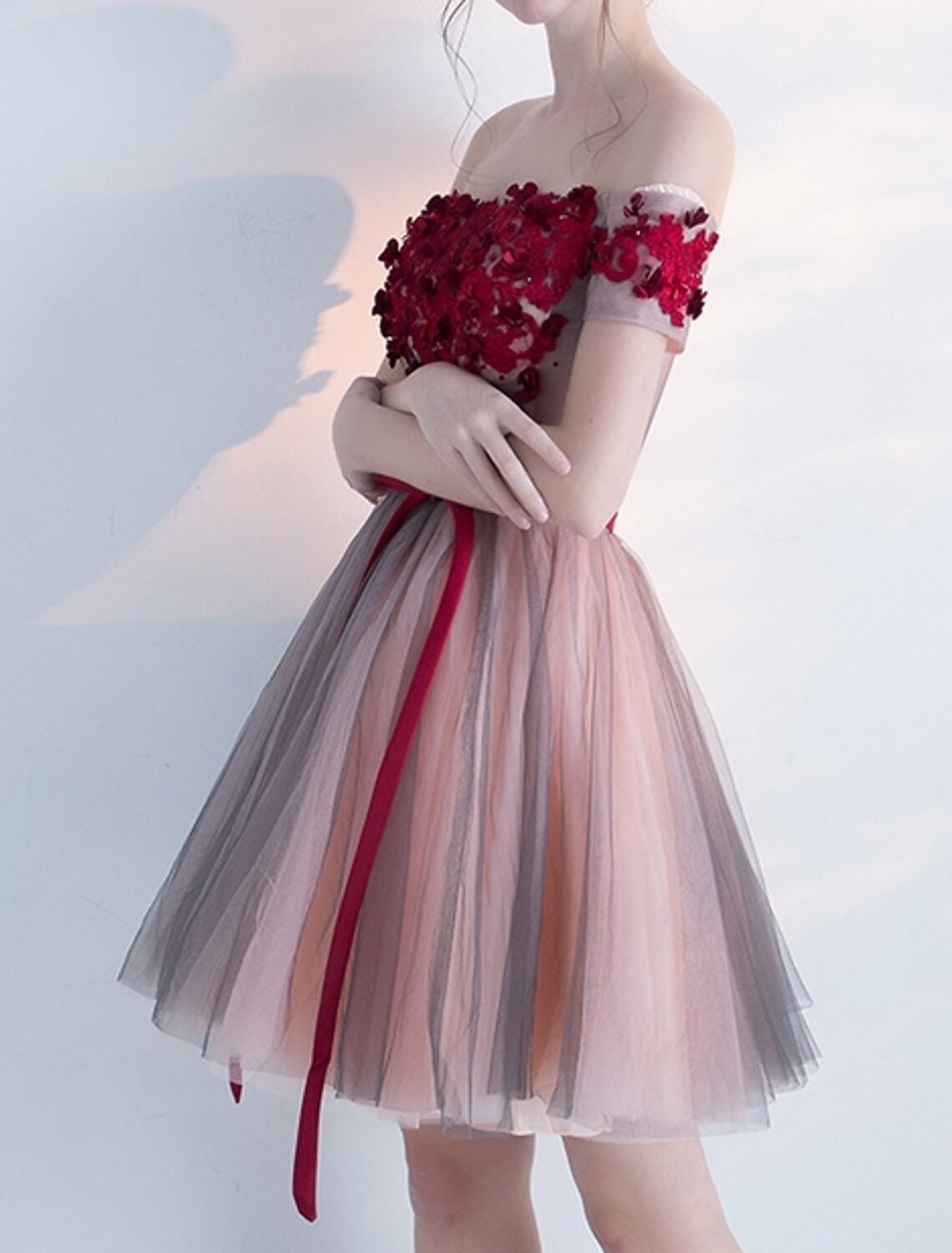 A-Line Cocktail Dresses Party Dress Valentine's Day Homecoming Short / Mini Short Sleeve Off Shoulder Pink Dress Tulle with Bow(s) Appliques