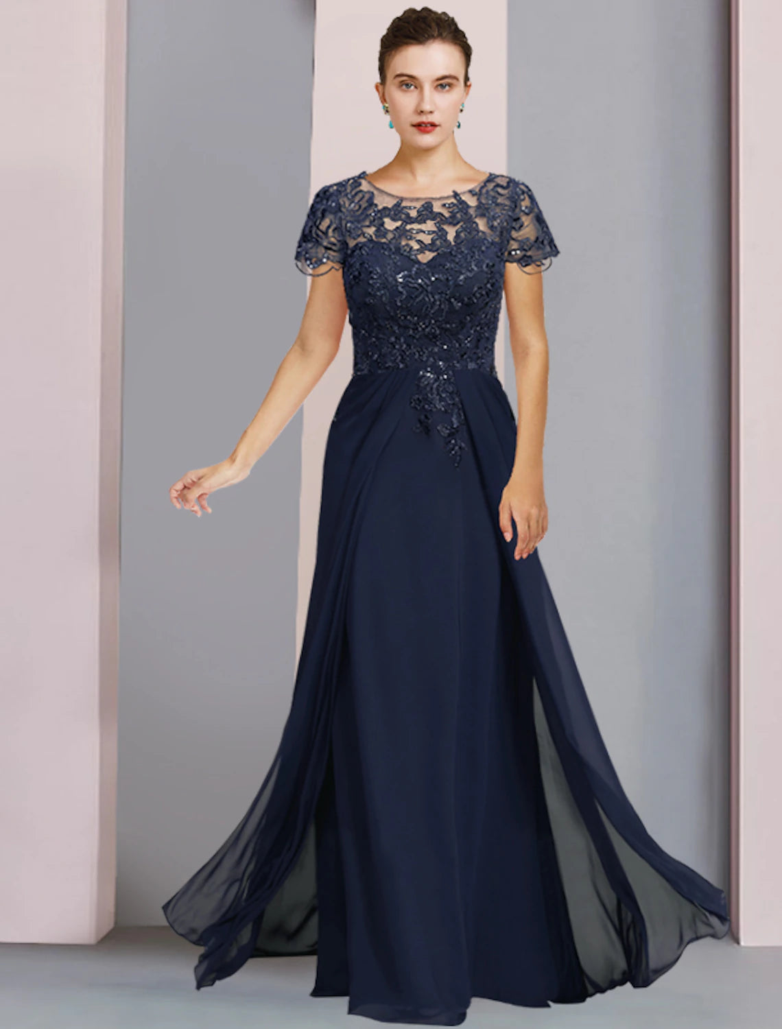 Dark Navy Chiffon A-Line Floor-Length Evening Dress with Lace Bodice & Illusion Sleeves