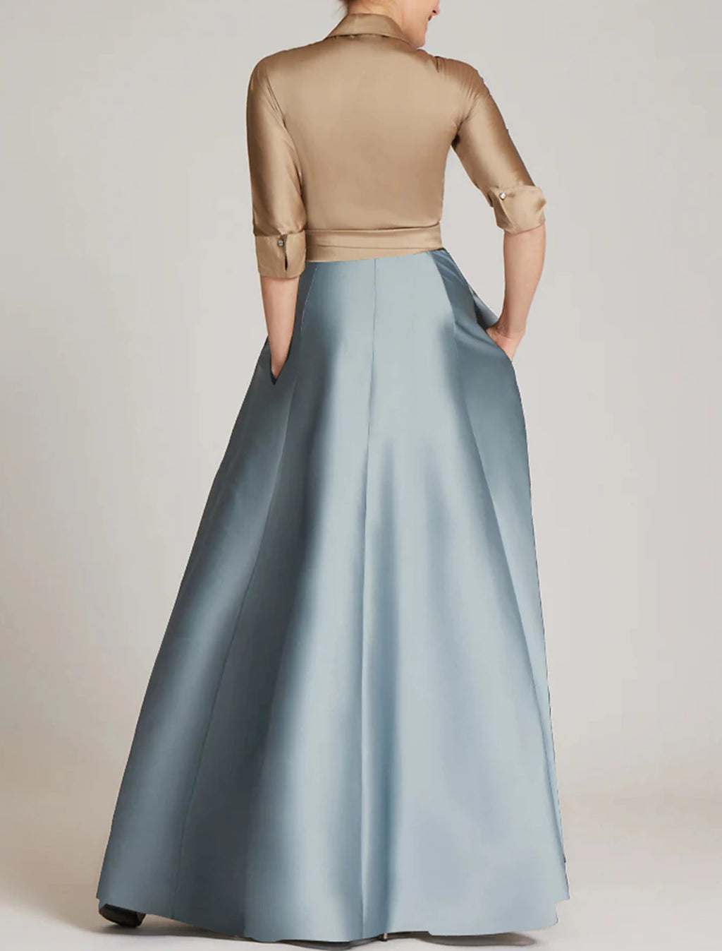 Vestido de noche elegante de corte A, formal, largo hasta el suelo, manga 3/4, cuello camisero, satén con abertura y tiras