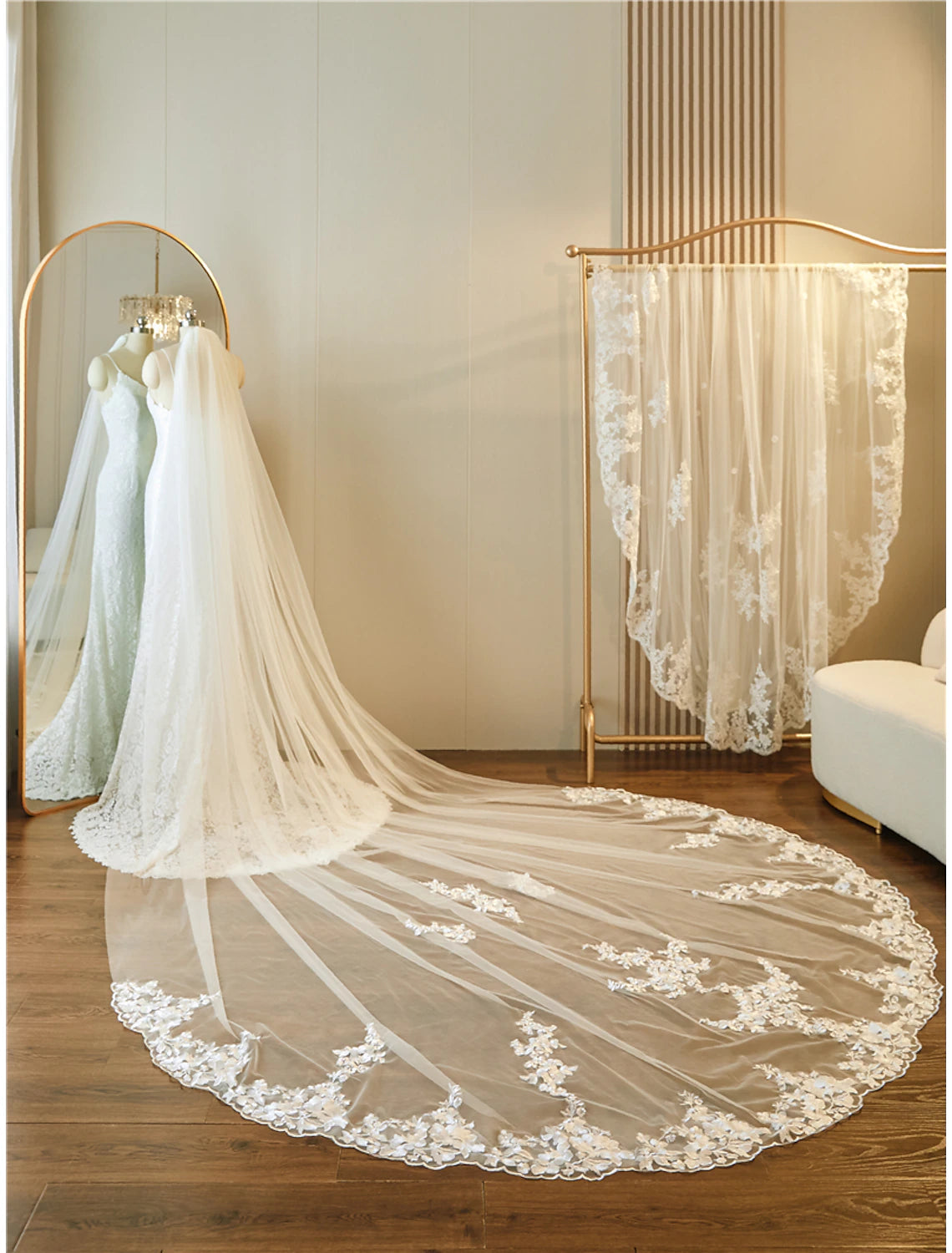 Ivory Lace Sheath/column Gown with Sweetheart Neckline & Embroidered Veil