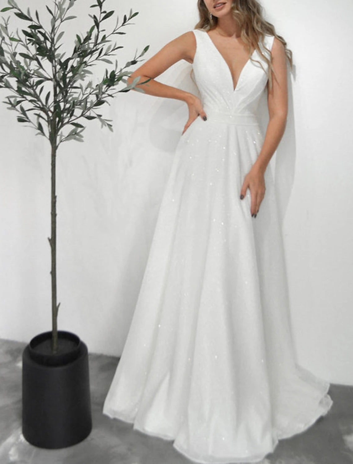 Abiti da ballo a trapezio, scintillanti, per matrimoni, compleanni, con strascico a ruota, senza maniche, scollo a V, per ricevimenti autunnali, in tulle con paillettes