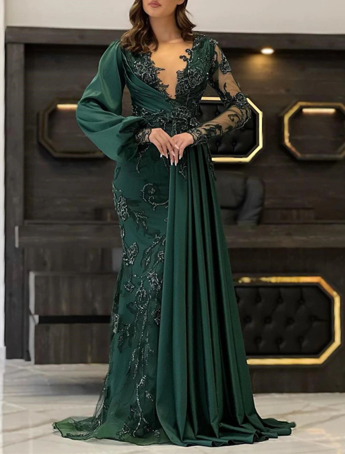 Forest Green Chiffon Mermaid Floor-Length Evening Dress