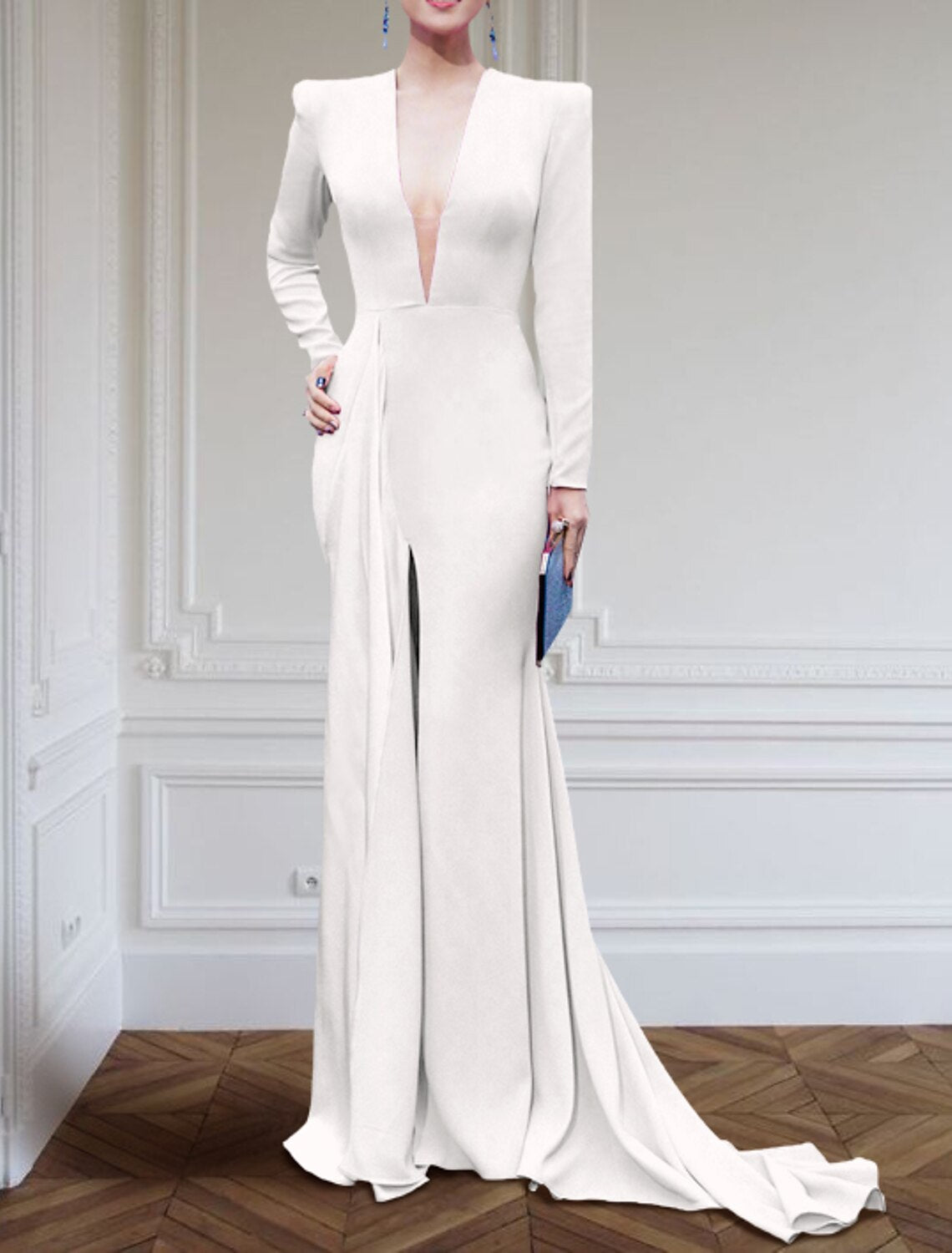 A-Line Evening Gown Elegant Black Champagne Dress Plus Size Dress Formal Sweep / Brush Train Long Sleeve V Neck  Fabric with Pleats Slit