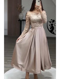 Champagne Sequin Bodice A-Line Tea-Length Satin Dress