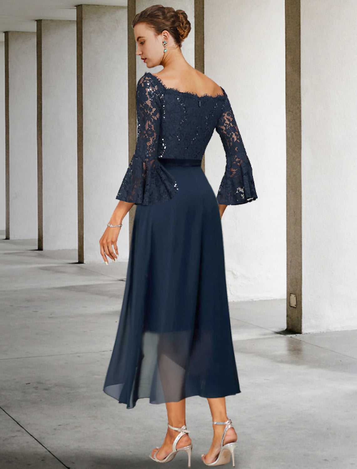 Dark Navy Lace Off-the-Shoulder A-Line Asymmetrical Evening Dress
