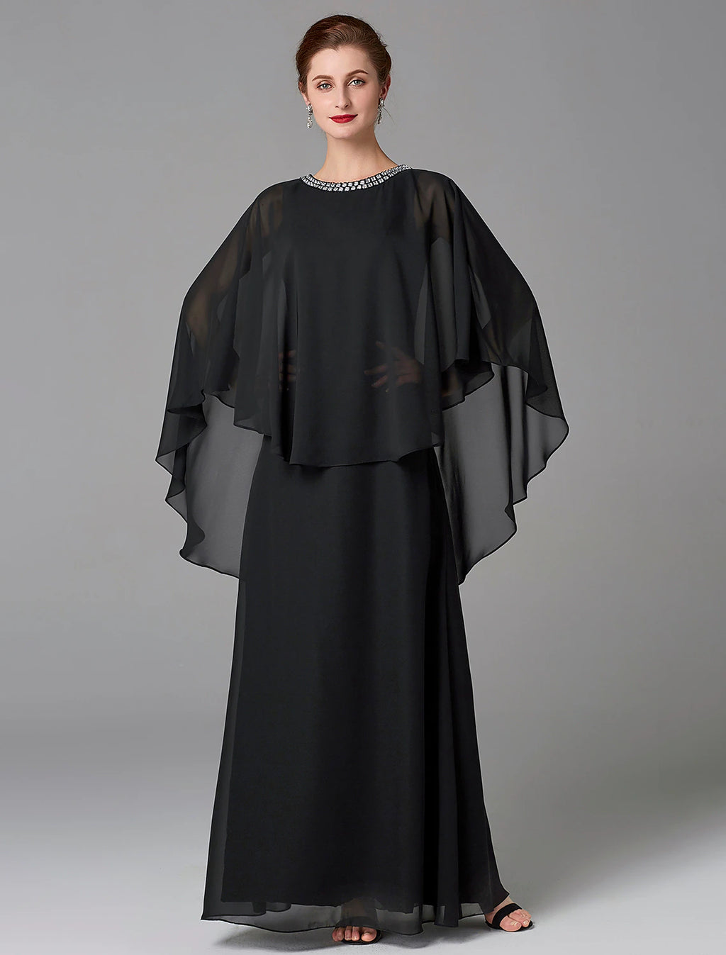 Black Chiffon A-Line Floor-Length Evening Dress - Beaded Scoop Neck
