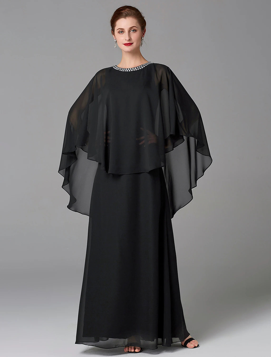 Black Chiffon A-Line Floor-Length Evening Dress - Beaded Scoop Neck