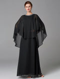 Black Chiffon A-Line Floor-Length Evening Dress with Embellished Scoop Neck and Cape Overlay