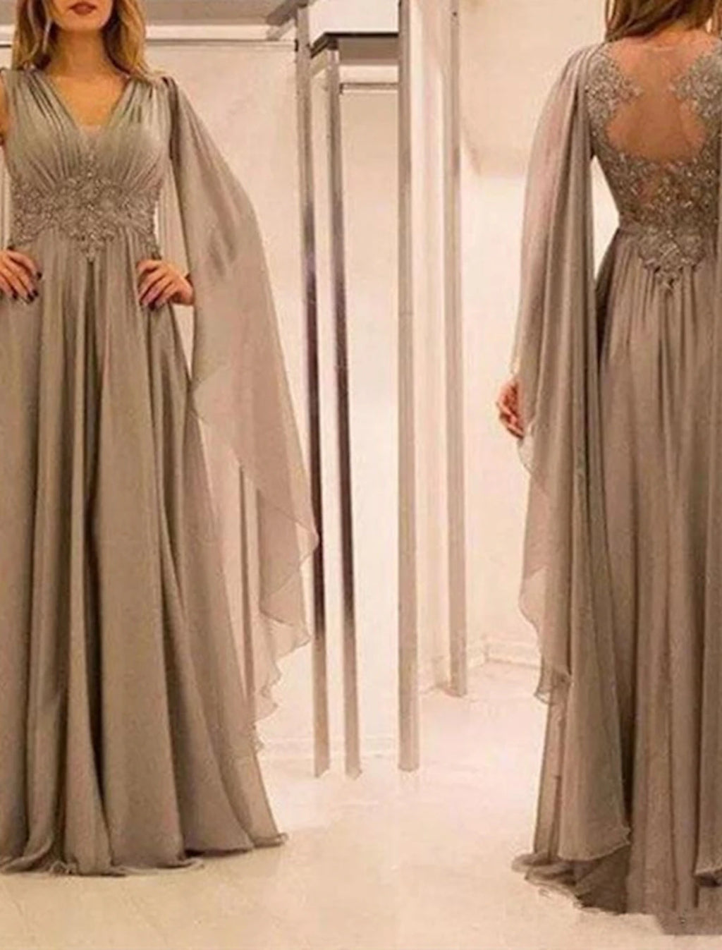 Grey Chiffon A-Line Floor-Length Dress with Cape Sleeves